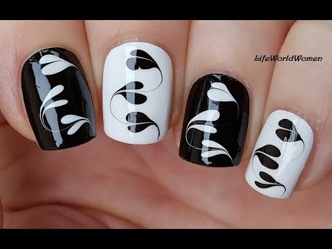 BLACK & WHITE HEART NAIL ART / Dry Marble Monochrome Nails