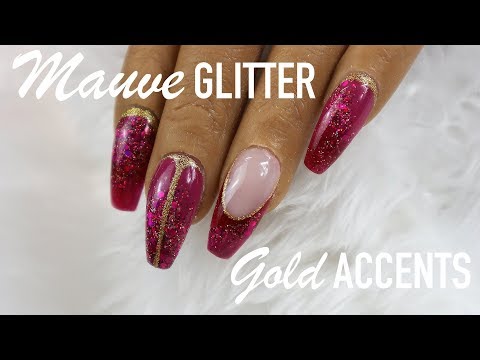 SHORT COFFIN ACRYLIC NAILS | CHERRY WINE GLITTER & GOLD NAIL ART