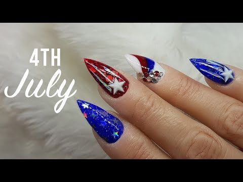 4TH JULY ACRYLIC NAIL DESIGN | POINTED ALMOND NAIL ART