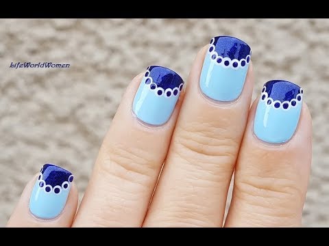 Blue Dotting Tool NAIL ART Design With Sparkly Half Moon Tips