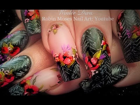 Winter Diva Nails | Flower Nail Art on Faux Herringbone Tweed Nail Design