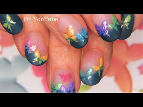 Teal Matte Tip on Short Nails + Rainbow Glitter Butterfly Nail Art