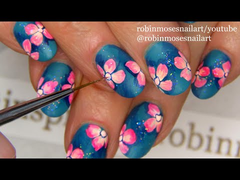 Turquoise Blue Nails + Pink Flower Nail Art Design on short nails