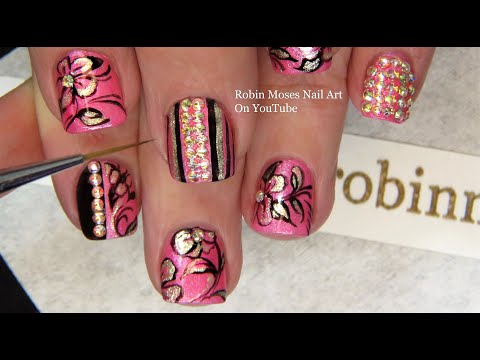 Pink and Black Filigree | Short Nails Bling + Flower Nail Art Design
