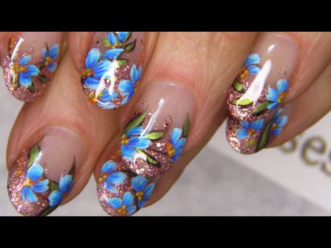 Blue Flower Nail Art Design | DIY Glitter Floral Short Nails