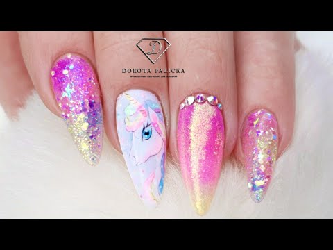 Unicorn nails 🦄🦄🦄. Unicorn nail art, glitter ombre, gel polish ombre and gel unicorn painting
