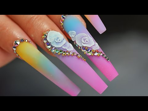 HOW TO DO COLORS OMBRE NAIL WITH 3D ROSE FLOWER I LONG COFFIN SHAPE I NOTPOLISH ART I 2020 TREND