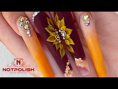 SUNFLOWERS NAIL ART I FALL NAIL DESIGNS I OMBRE NAILS I LONG COFFIN NAIL I HOW TO DO 3D FLOWERS
